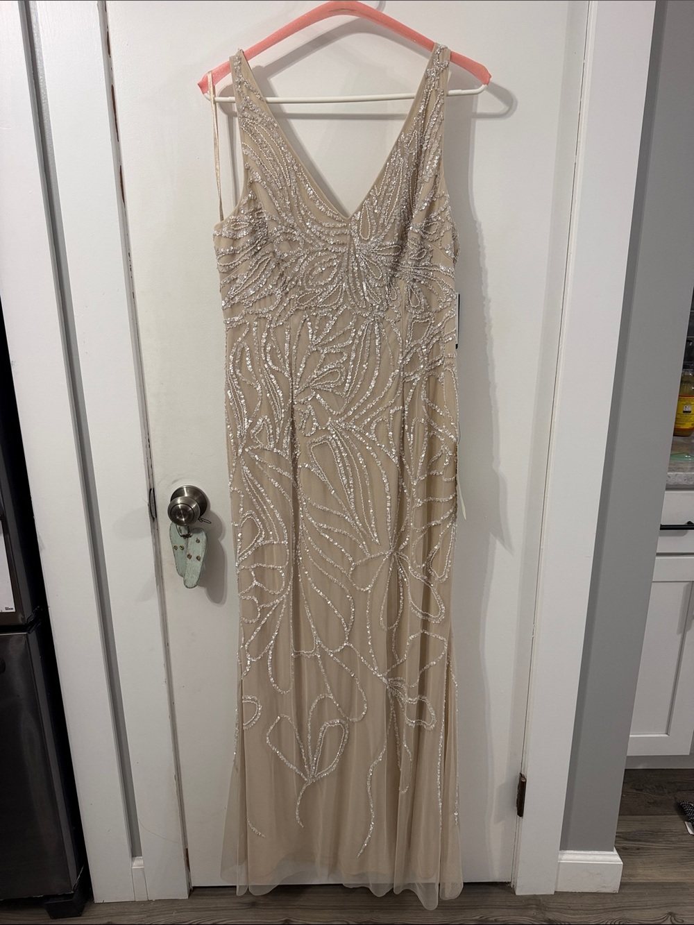 Adrianna Papell Champagne Beaded V-Neck Evening Gown Size 12